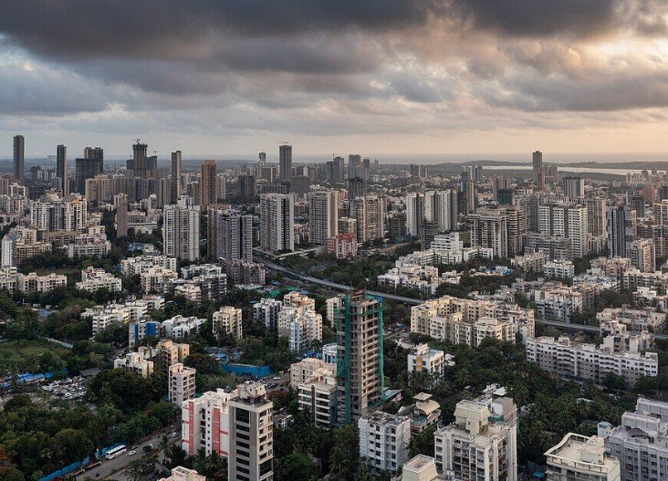 elevated view of modern city center