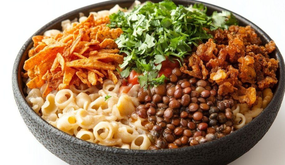 Egyptian koshary street food bowl