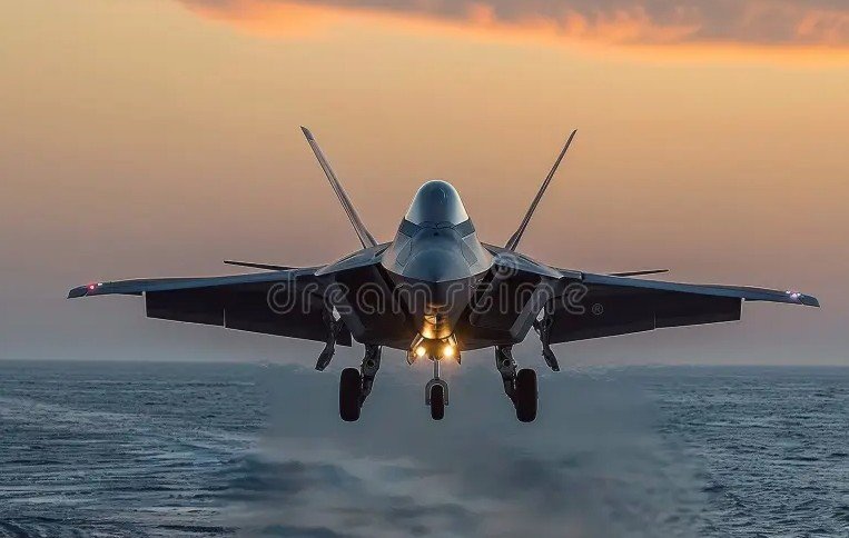 US F-22 Raptor stealth fighter jet landing on runway at sunset