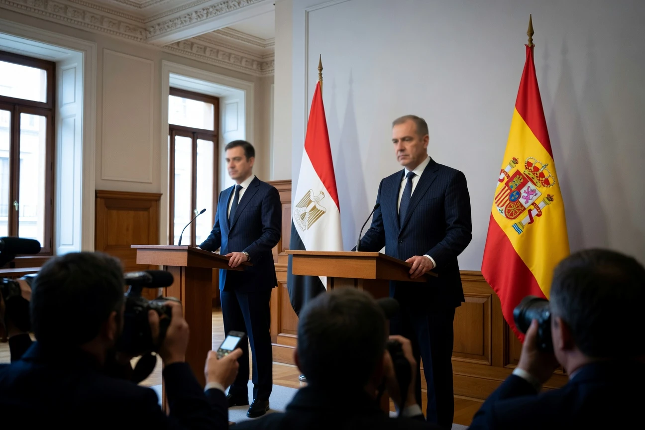 Egyptian foreign minister Madrid press conference no military solution Middle East crisis.