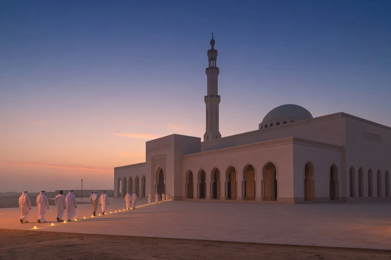 Eid Al-Adha 2026 prayer timings across Saudi Arabia cities at dawn.