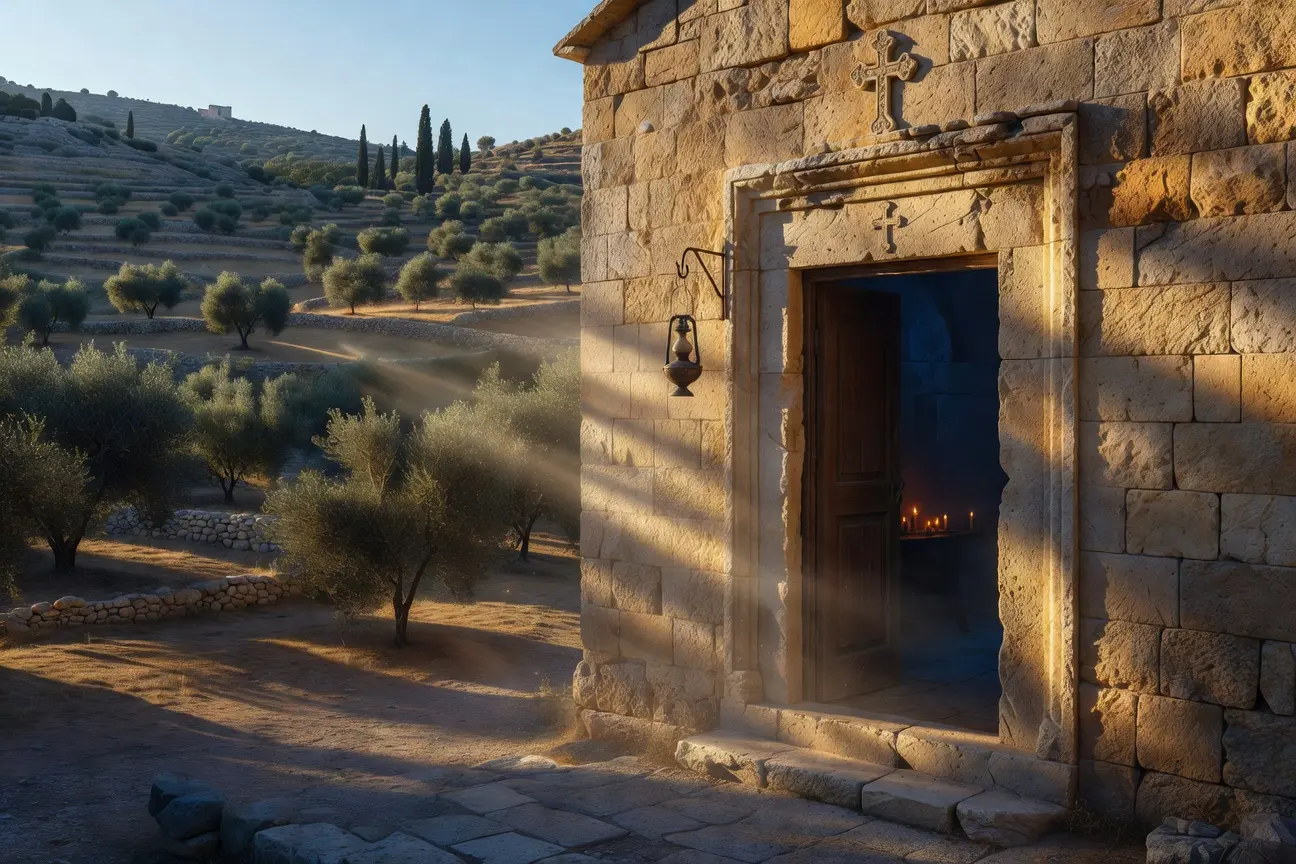 Israel Christian envoy George Deek warns of vanishing Middle East Christianity. Visual: ancient stone church doorway in Galilee at golden hour.