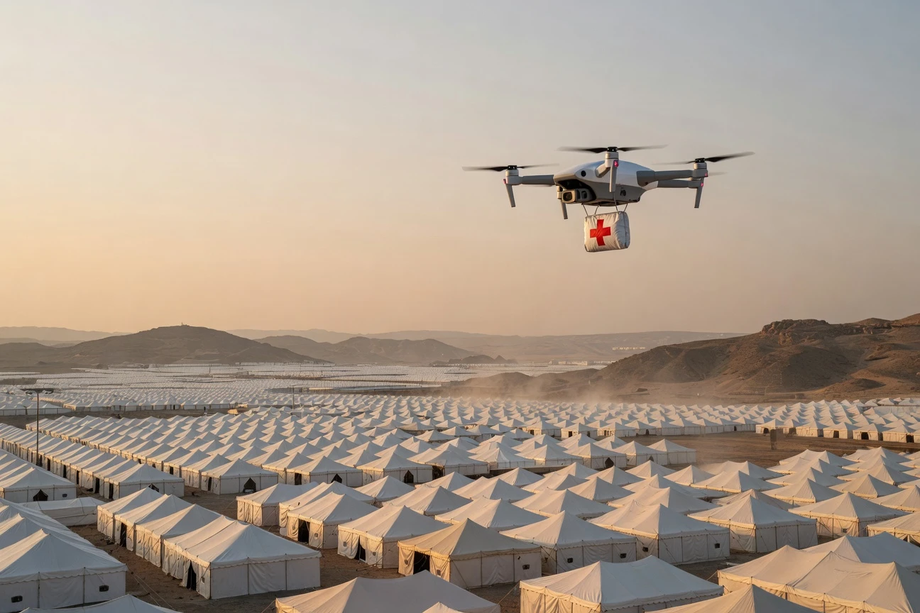 Saudi Arabia drone medicine delivery permit for Hajj 2026 pilgrims at Mina holy sites.