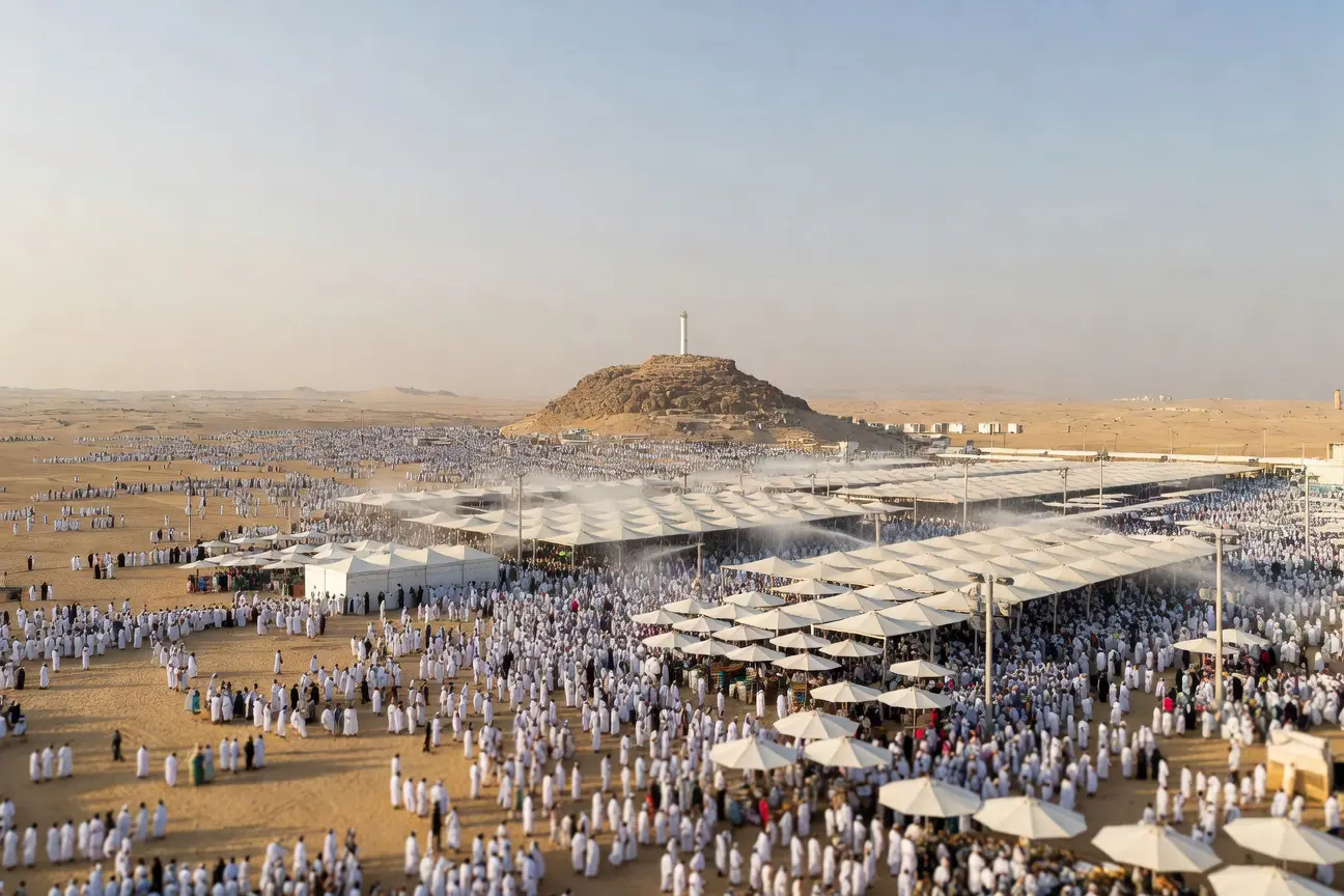 Saudi Arabia Hajj 2026 pilgrims complete the movement to Mount Arafat at sunset.