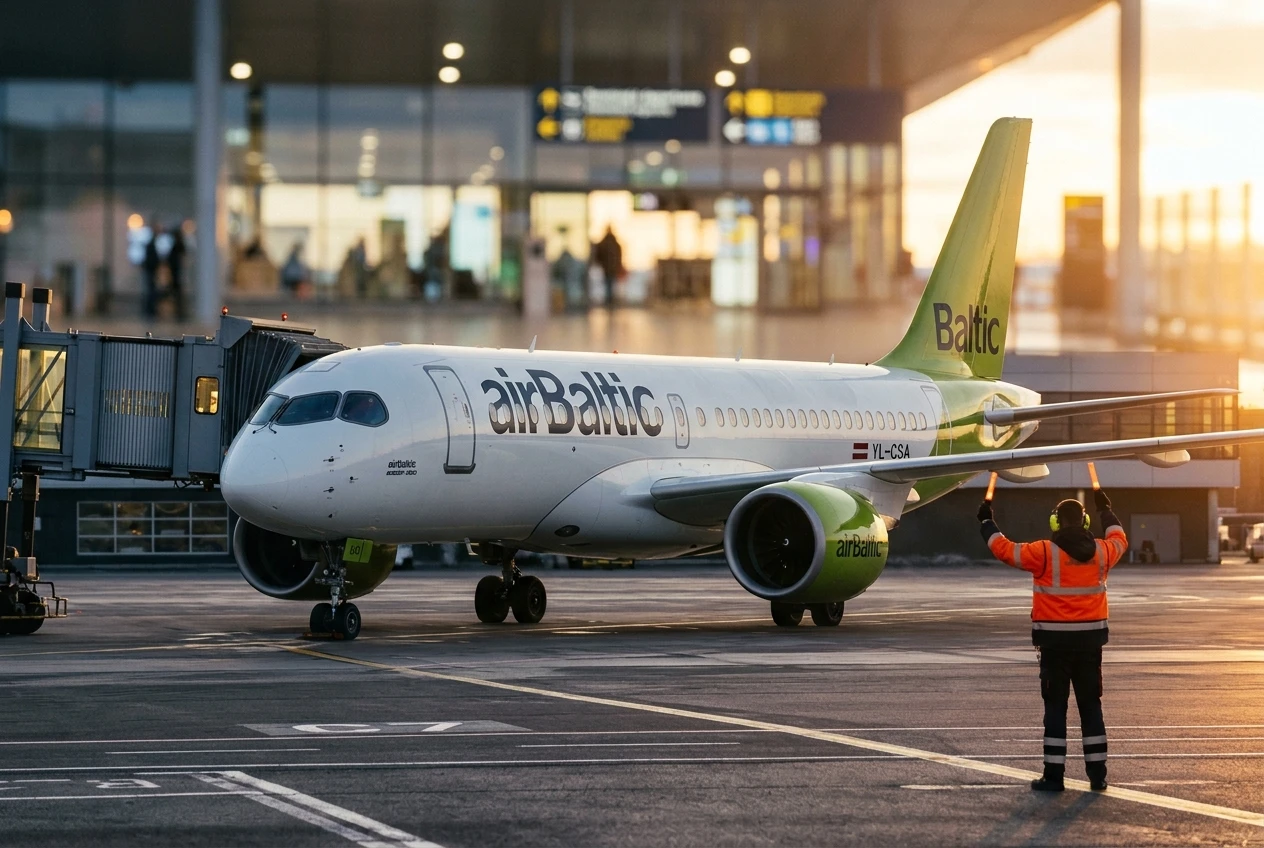 airBaltic Airbus A220-300 parked at Riga airport gate at golden hour
