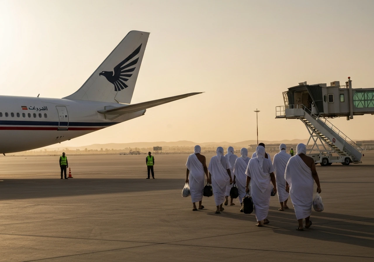 EgyptAir Hajj return airlift flying pilgrims home from Saudi Arabia in 2026.
