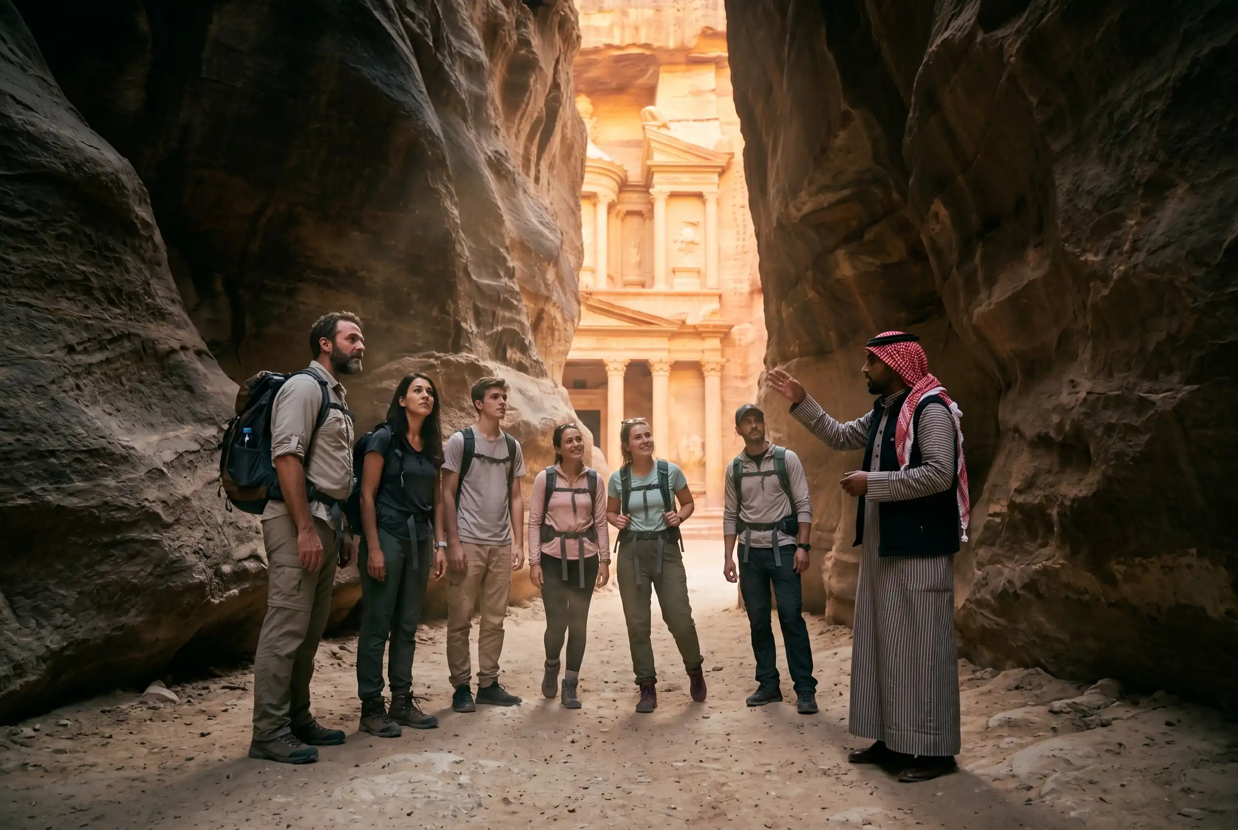 G Adventures tour group entering Petra at sunrise