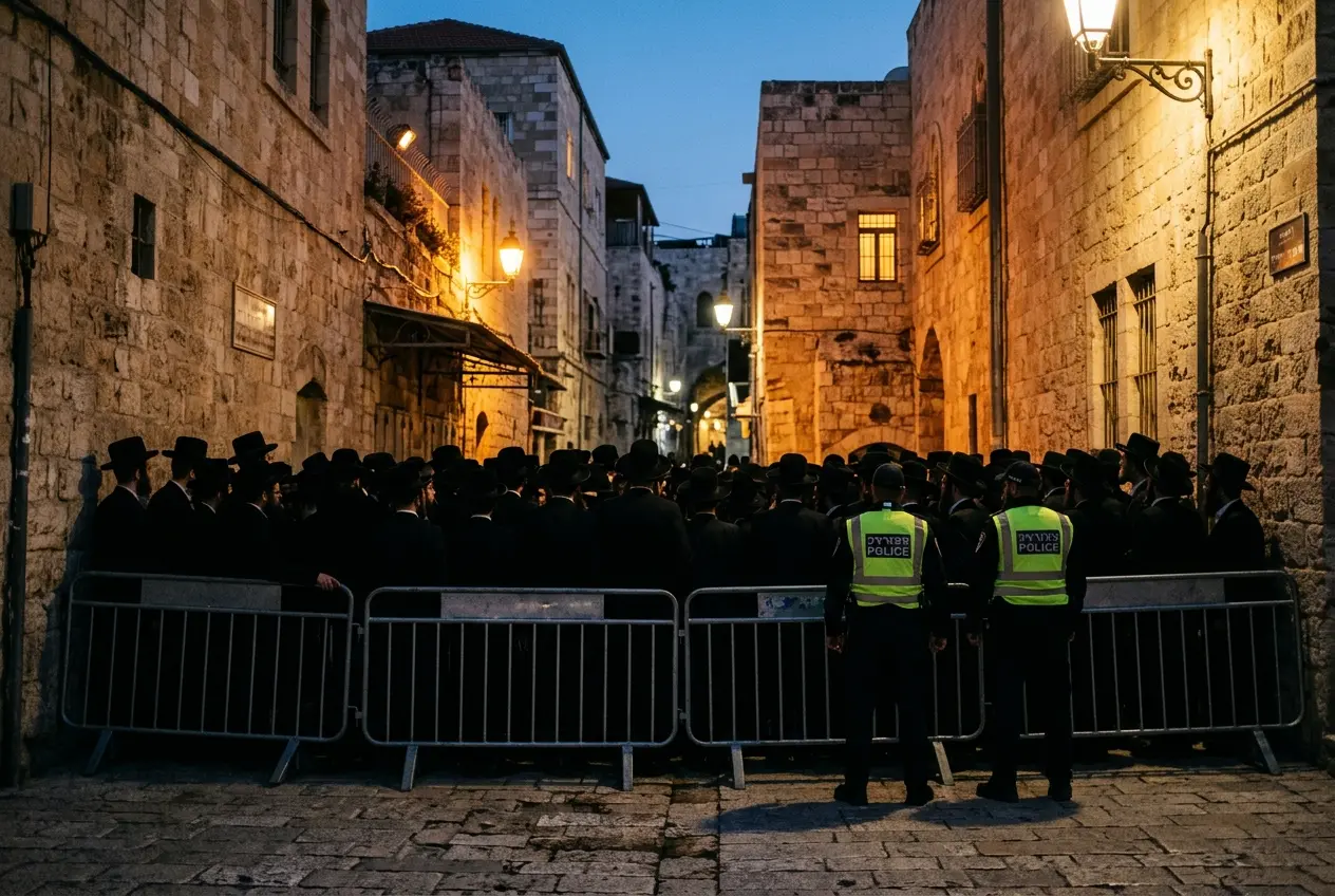 Haredi rioters target Jerusalem police on the Jewish Sabbath amid Israel military draft protests.