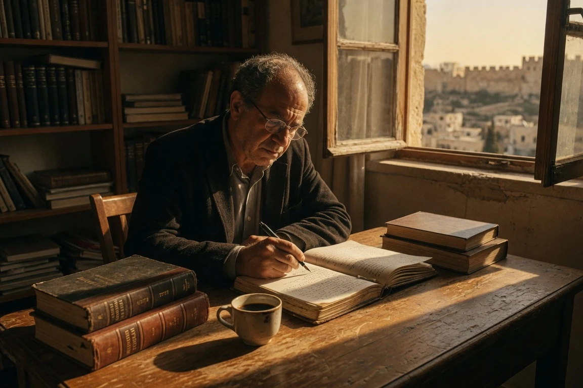 Moshe Dann historian writing at his Jerusalem study desk