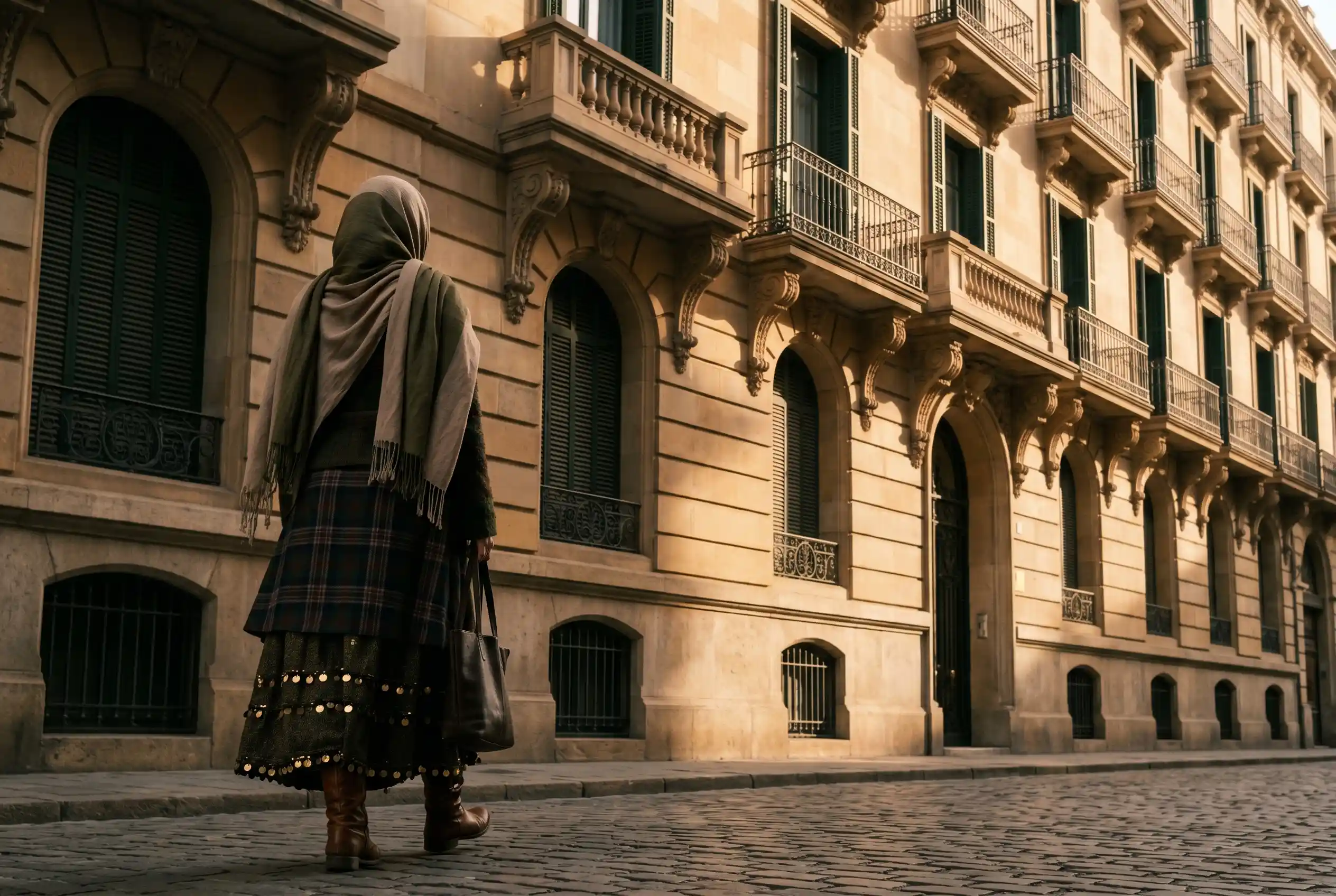 Nadine El Scottish-Egyptian modest fashion creator layers tartan and coin belts in Zamalek.