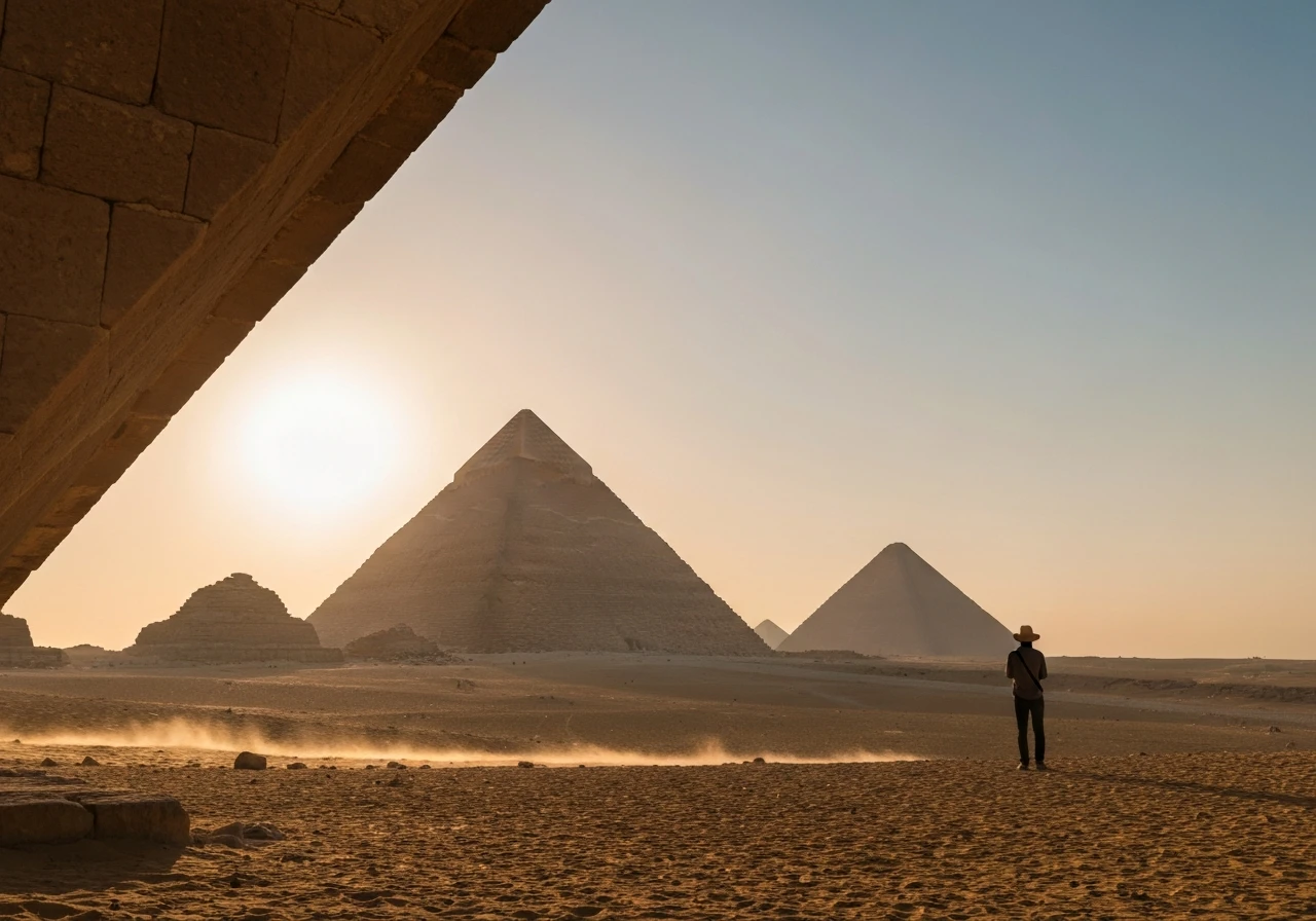 Pyramids of Giza at sunrise during Egypt summer travel with few crowds.
