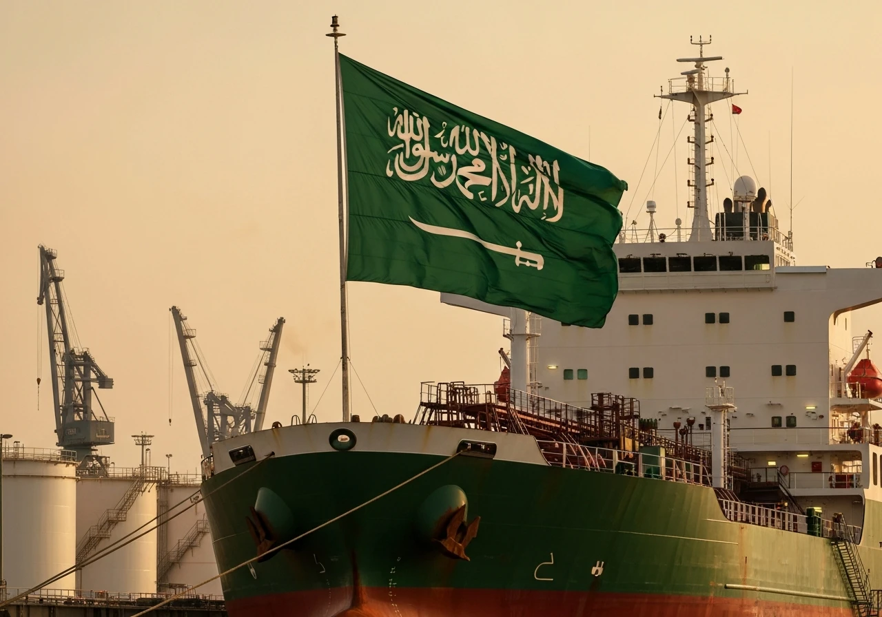 Saudi flag raised on national maritime fleet vessels at Ras Tanura and Jeddah ports.