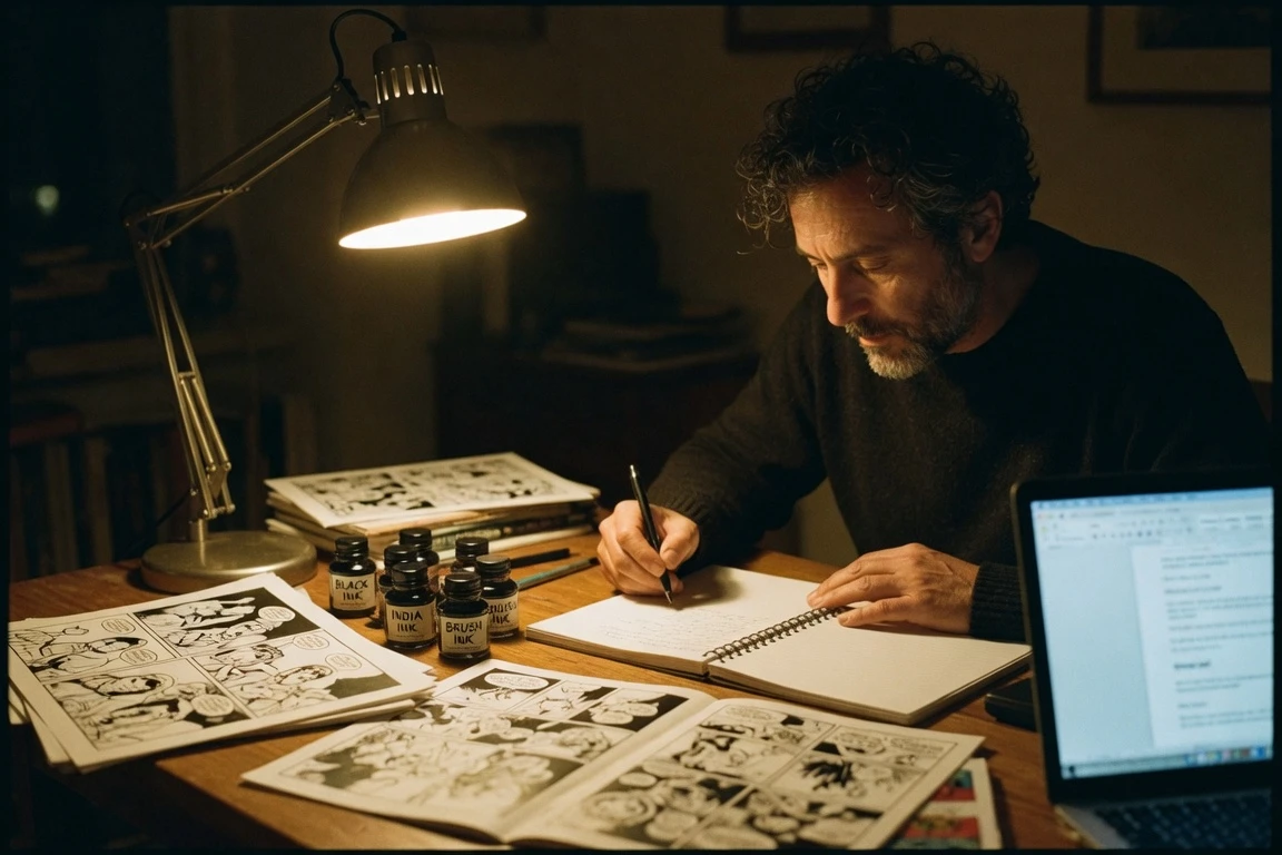 Tom King comic book writer at desk with pages