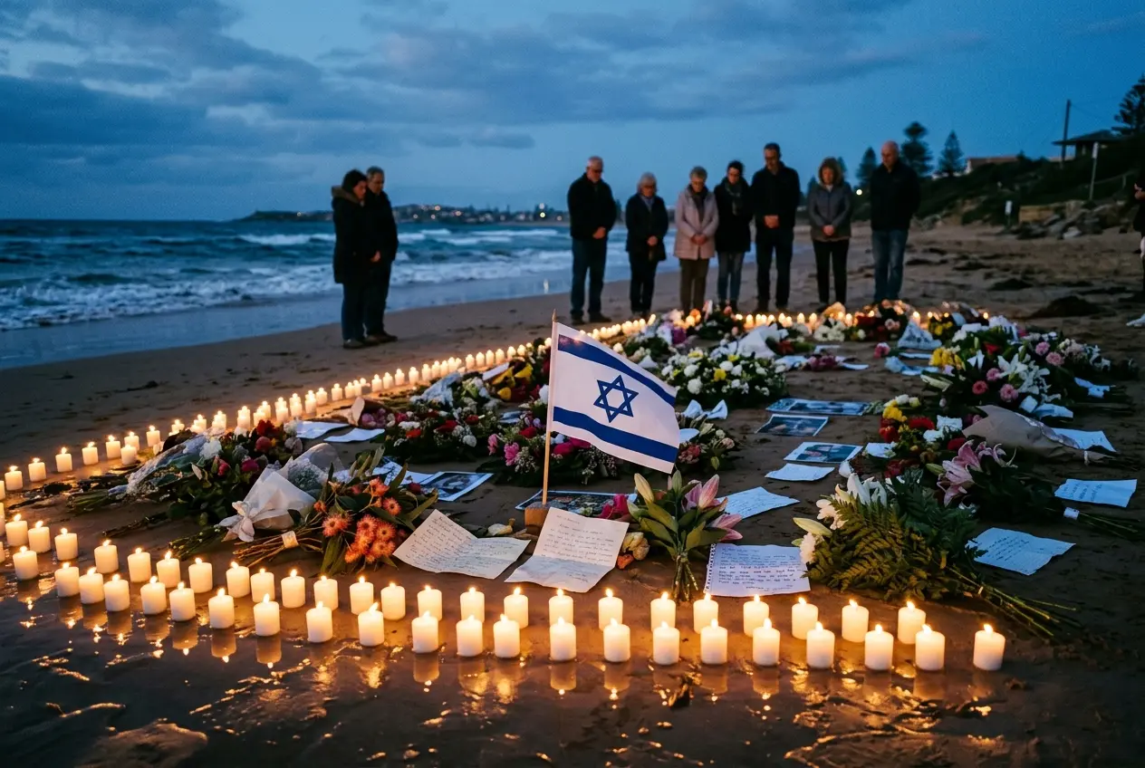 Australian antisemitism vigil candles Bondi Beach memorial