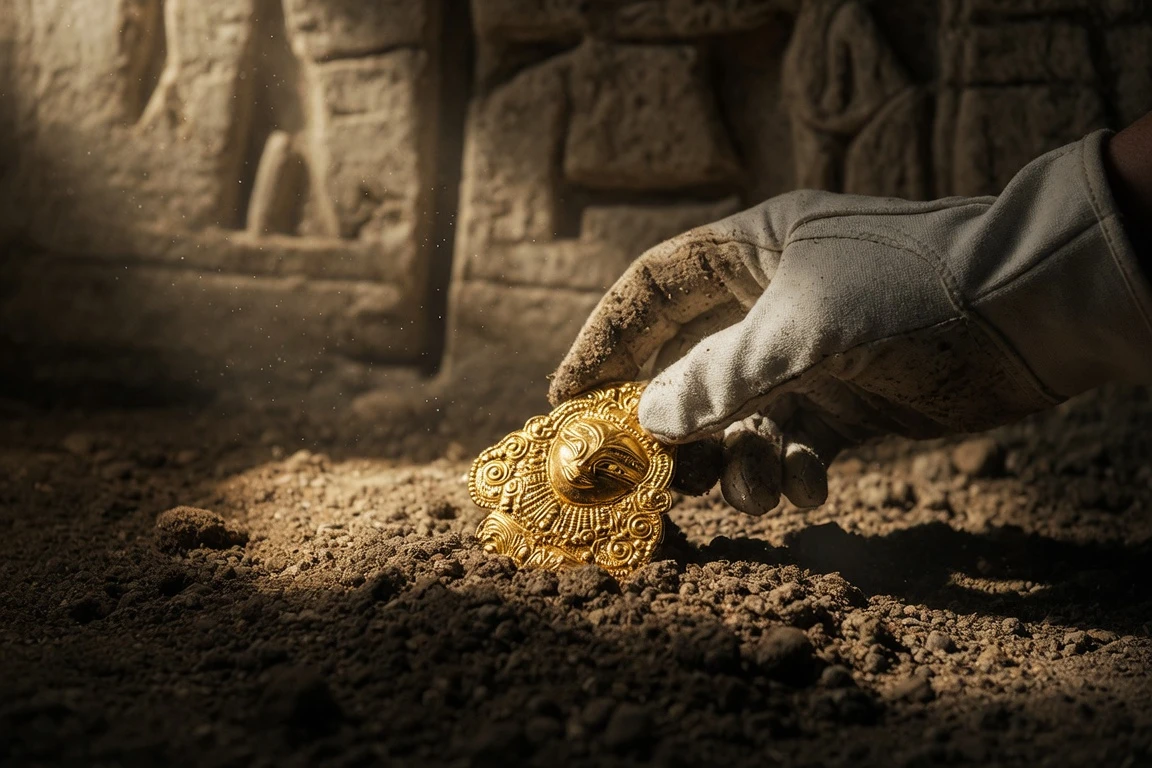 Egyptian archaeologists excavating gold funerary artifacts from sealed tombs
