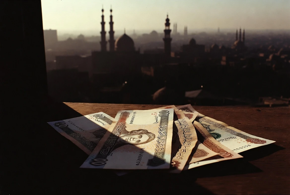 Egyptian pound banknotes with Cairo skyline background