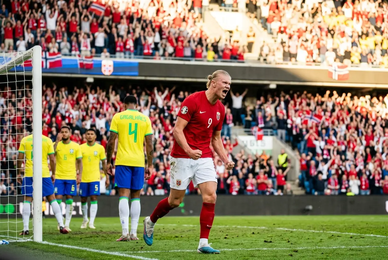 Erling Haaland celebrates scoring against Brazil at MetLife Stadium