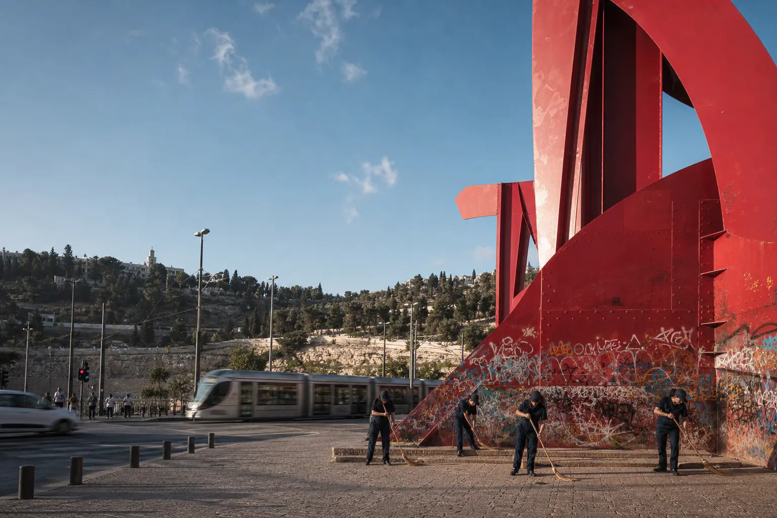 Manofim Festival Performers Clean Graffiti Covered Jerusalem Calder Sculpture