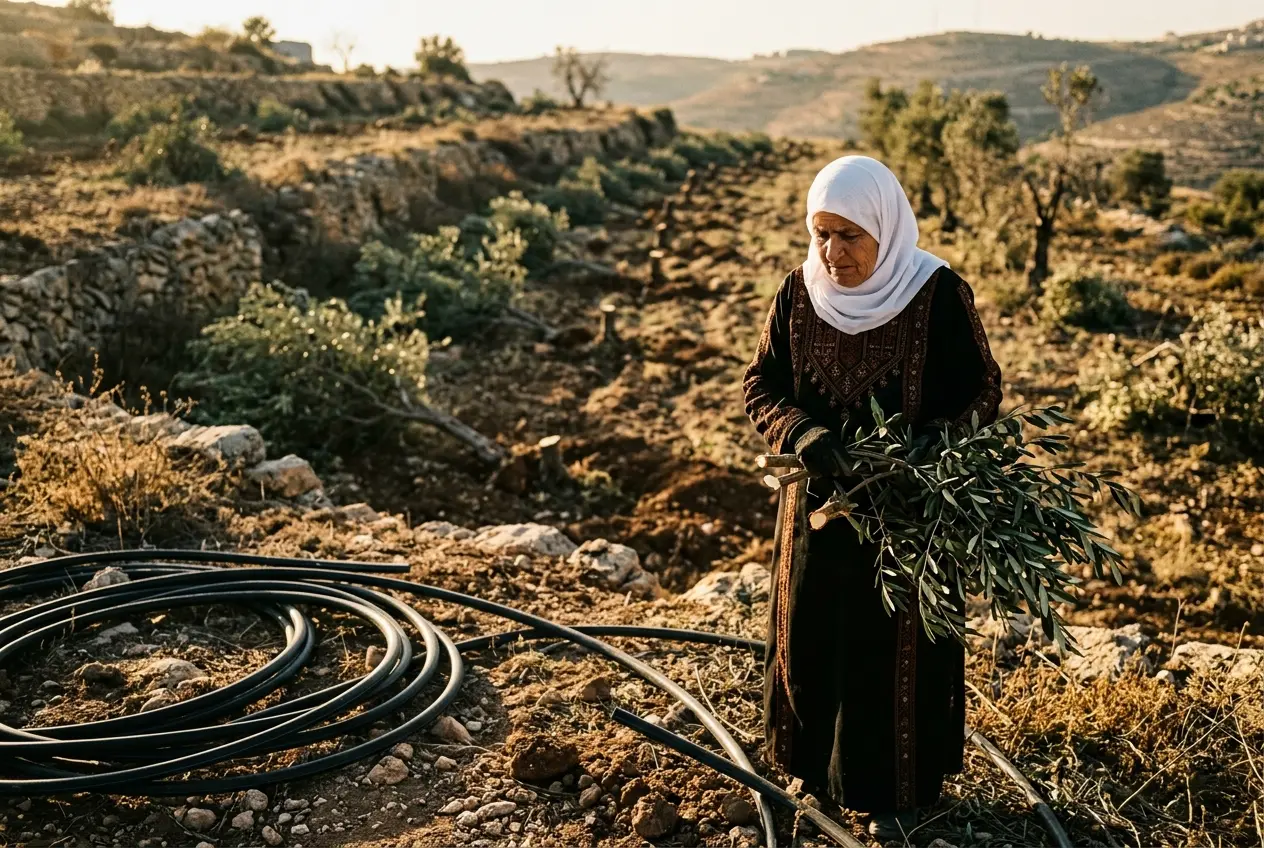 Palestinian farmer holding severed olive branches in a destroyed West Bank grove