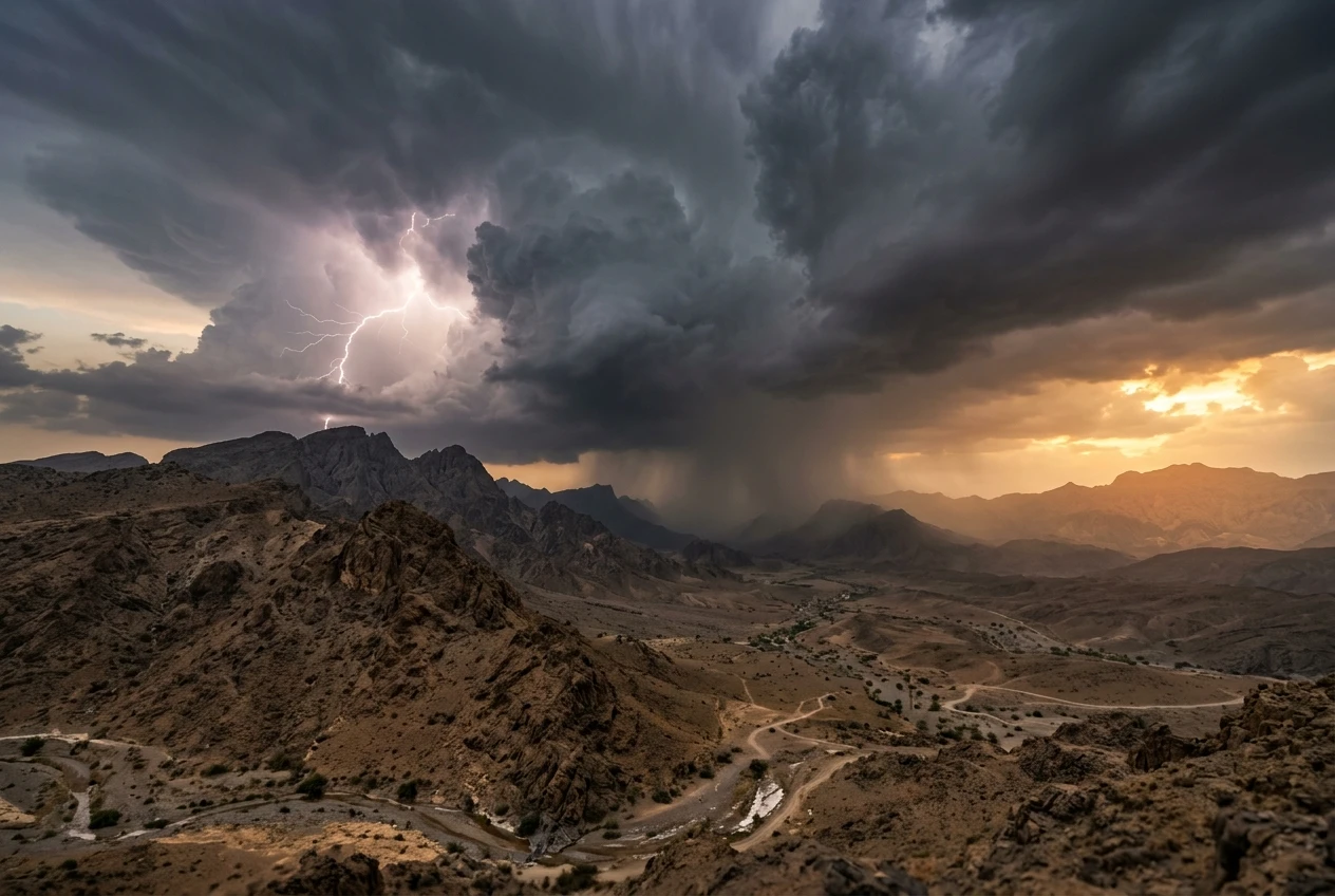 thunderstorm clouds gathering over rugged Arabian mountains
