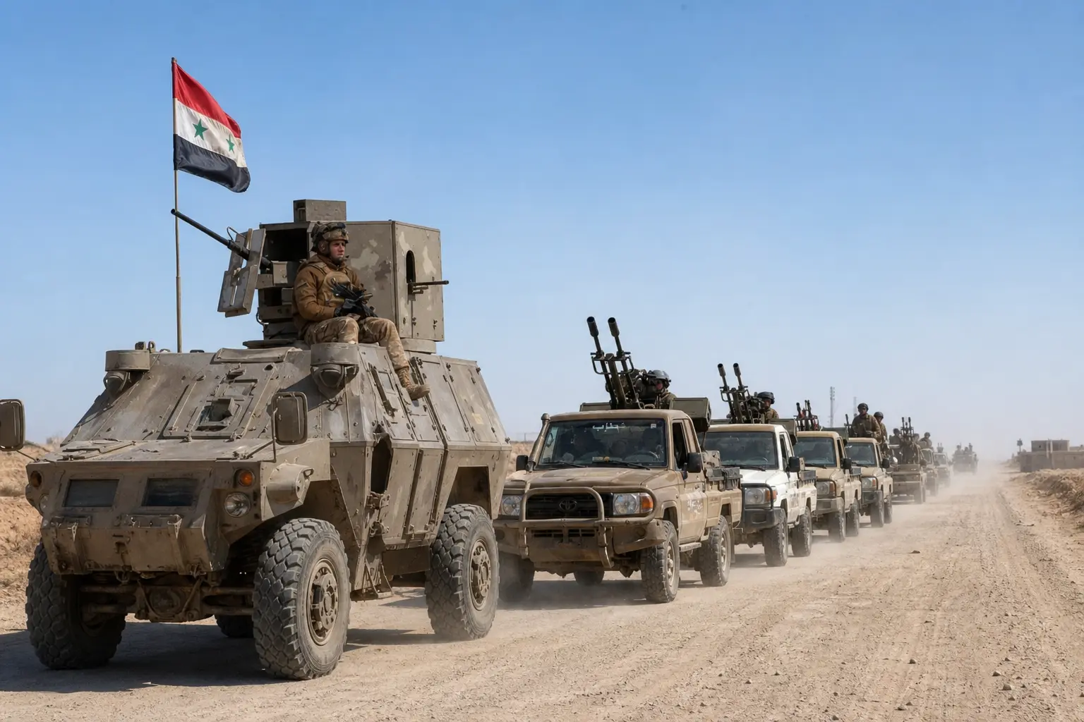 Syrian army armored column Iraq border alert deployment 2026