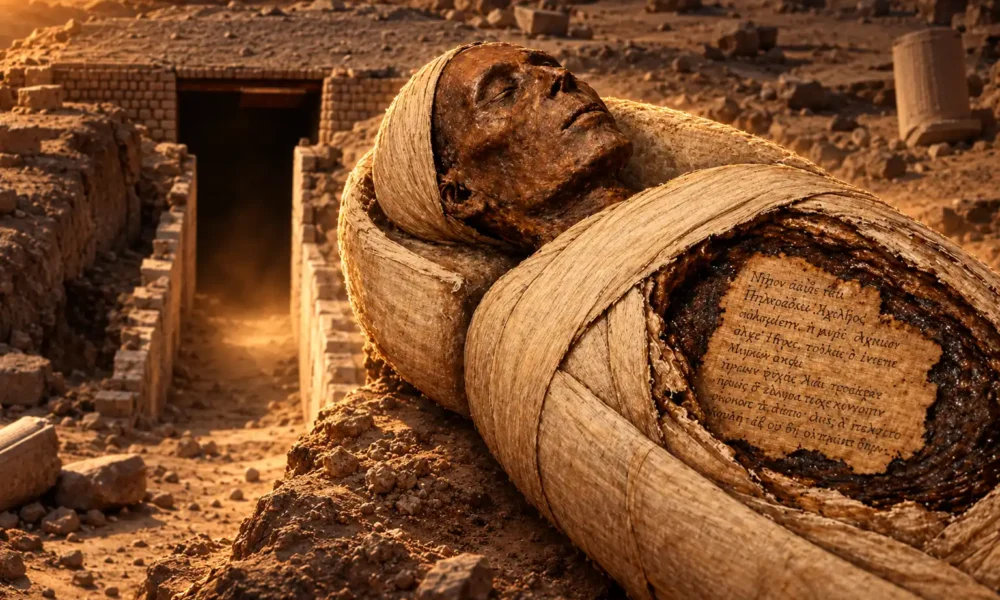 Iliad papyrus fragment on Egyptian mummy abdomen